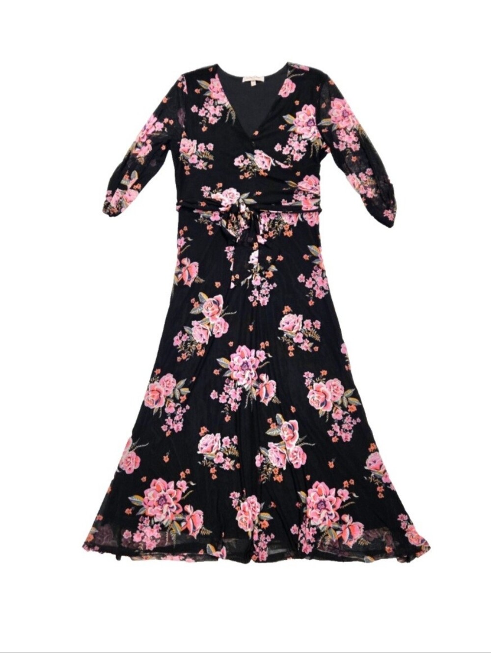 Harlow & Rose Floral Black Pink Maxi Dress Size Large Flowy Stretchy